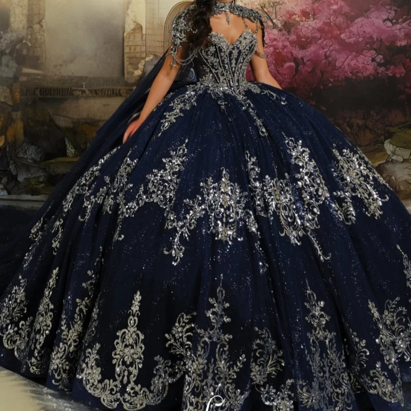 

Shiny dark blue Quinceanera Dress Crystal Glitter Decal off-shoulder Long tail Bow Vestidos De 15 Quinceanera ﻿Customize