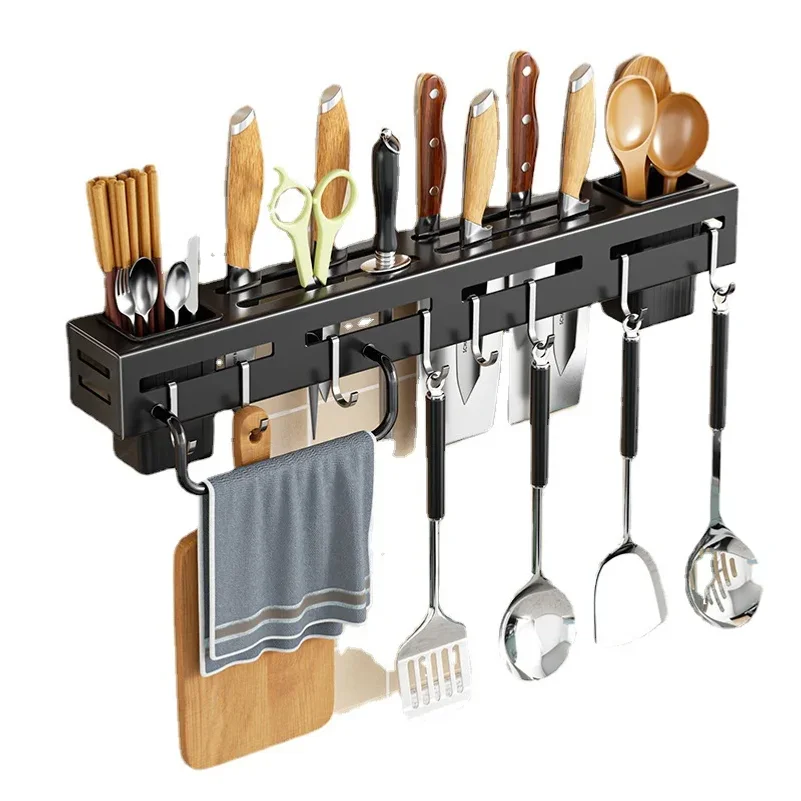 Stainless Steel Frame Wall Mounted Knife Holder Kitchen Nail Free Storage Rack Knife With Hook Kitchen Cabinet Storage Rack