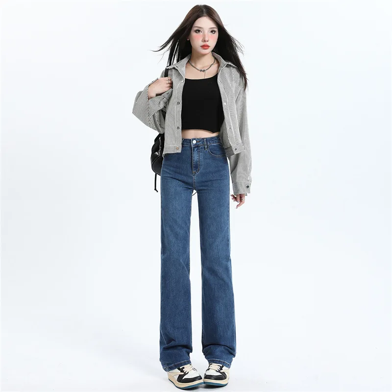 

Новинка 2025, осенние корейские модные женские прямые джинсы с высокой талией, свободные эластичные эластичные женские джинсовые брюки для отдыха, брюки