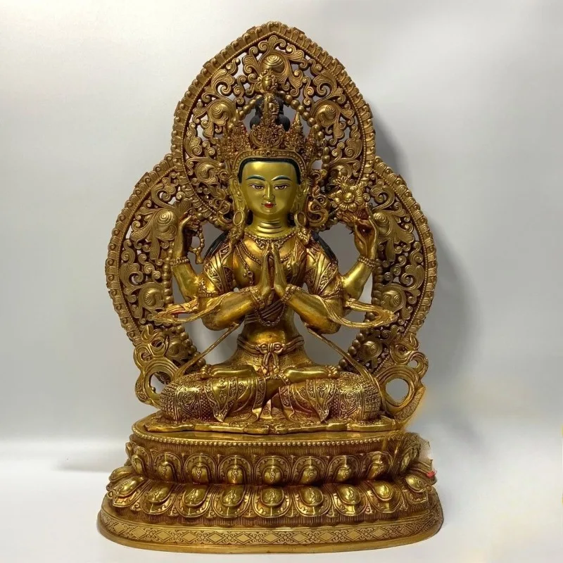 50cm Tibetan Buddhism Gilt Four-Armed Avalokiteshvara Chenrezig Statue Guanyin Bodhisattva Buddha Idol Home Altar Decor