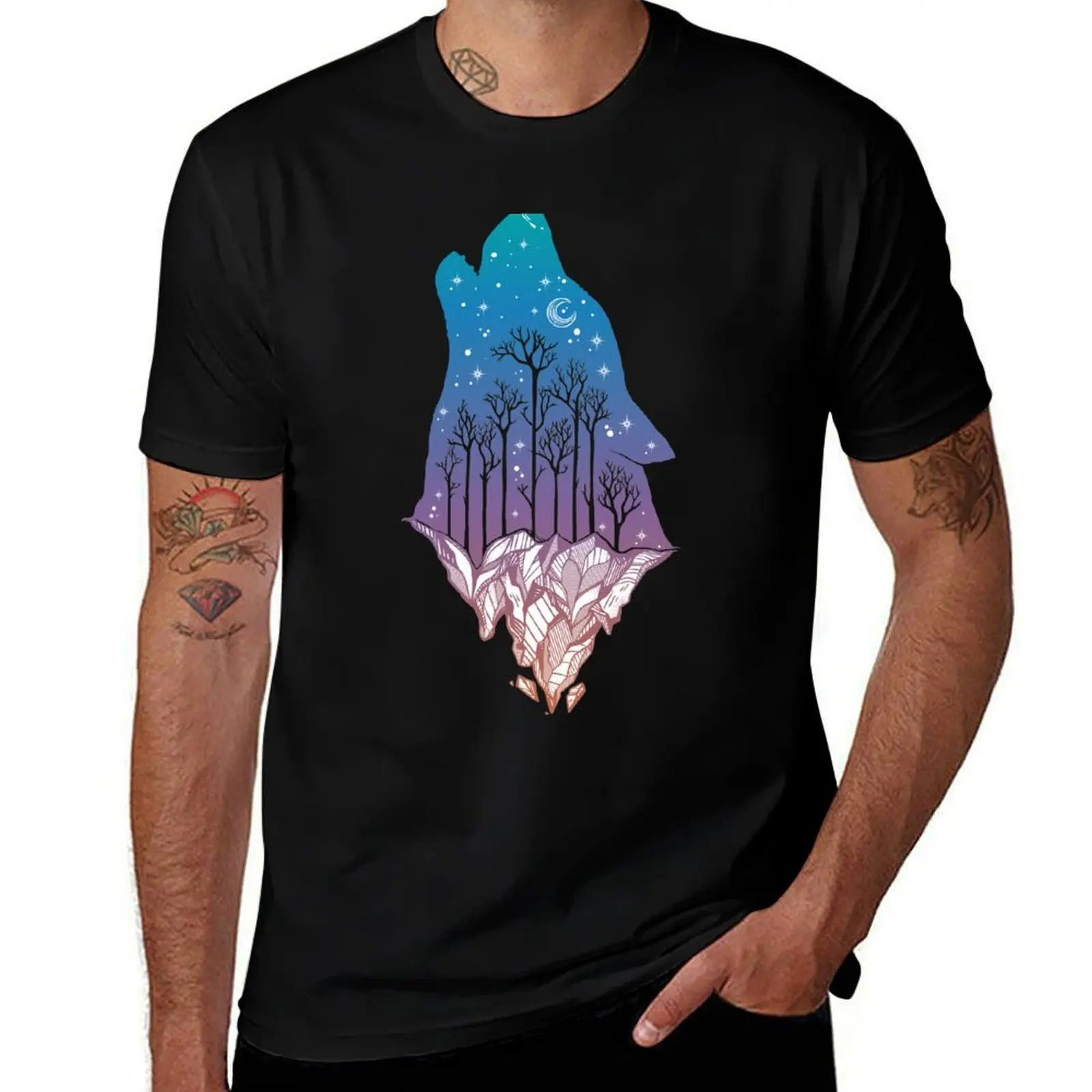 Lone Wolf Howling at the Moon in a Forest on a Mountain Range T-Shirt Non-Shrink Basic Cotton T-Shirt