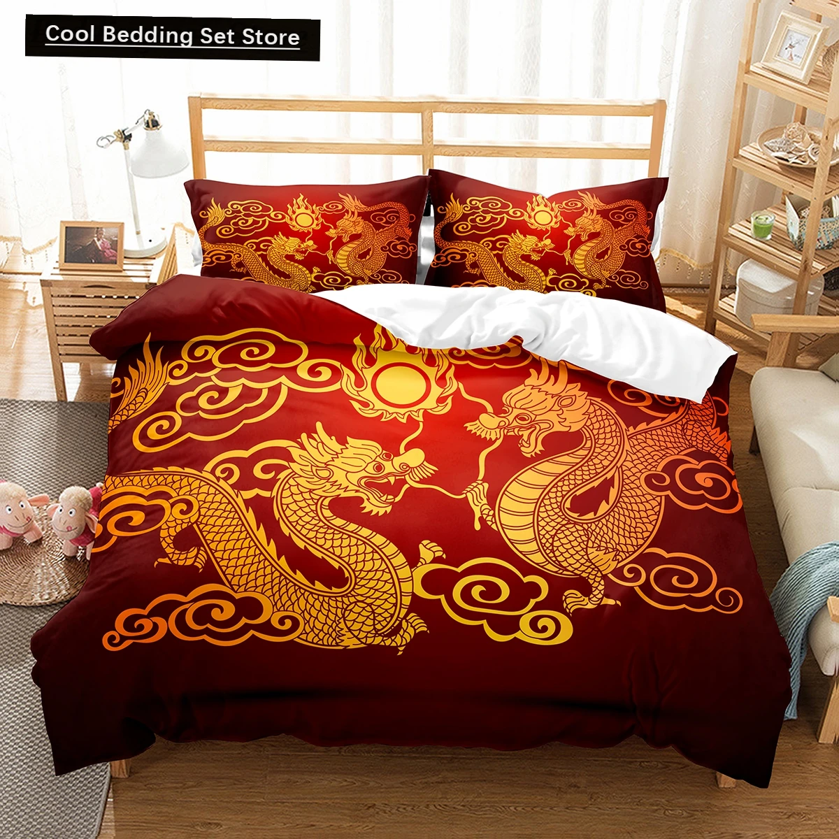 

Cartoon Dragon King Queen Duvet Cover Kids Boys Animal Bedding Set Lovely Magical Creature Quilt Cover Polyester Comforter Cover