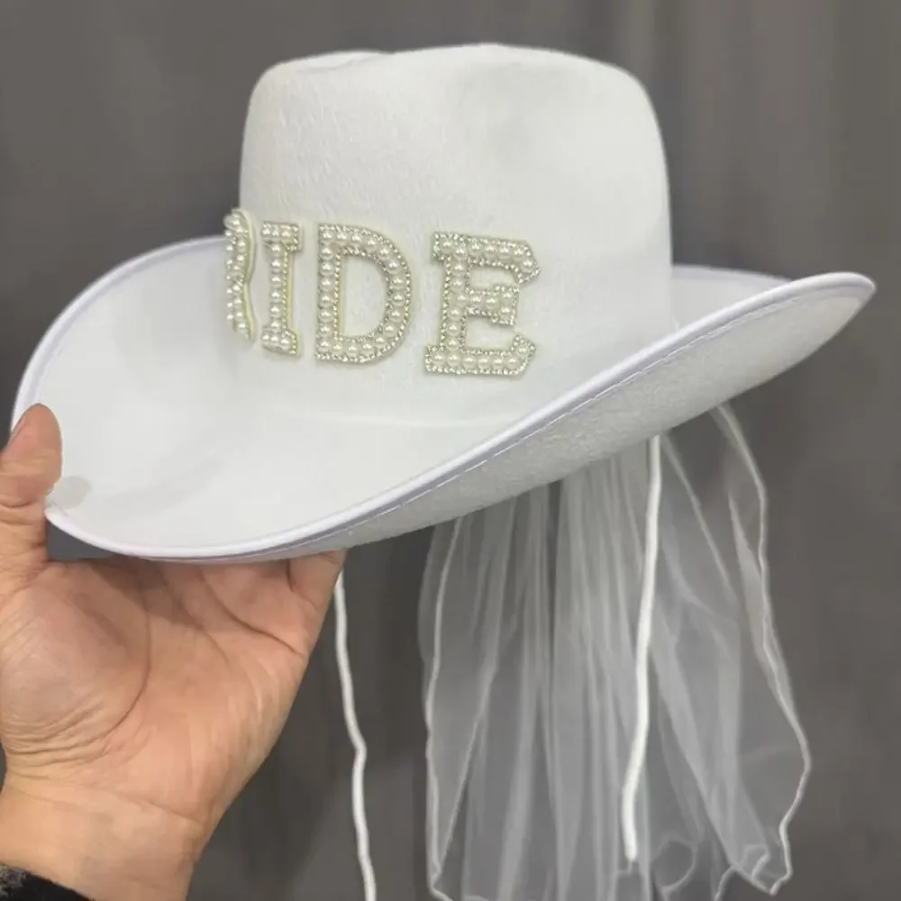 Non-woven Fabric Bride White Cowboy Veil Hat Wide Brim with Pearls Bride Cowgirl Hat Romantic Cowboy Pearl Bride Hat view 3
