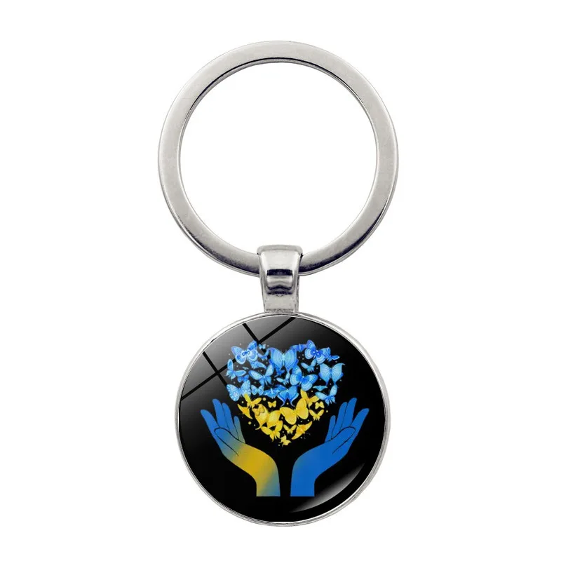 Popular Jewelry Ukrainian Element Alloy Keychain Dome Glass Yellow Blue Sunflower Pattern Classic Gift