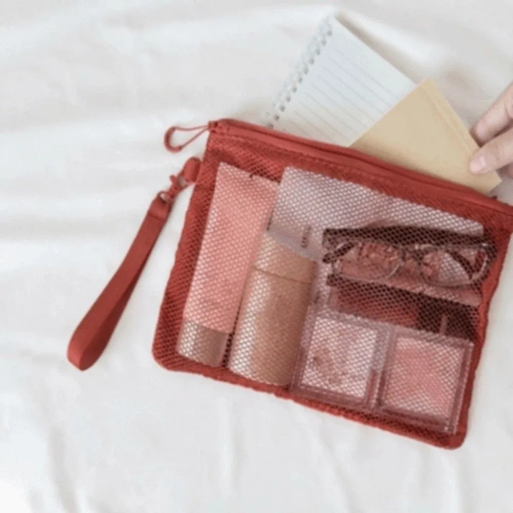 Fashion Lightweight Mesh Storage Bag Polyester Solid Color Toiletry Bag With Zipper Multifunctional Coin Purse Multi-Purpose Use