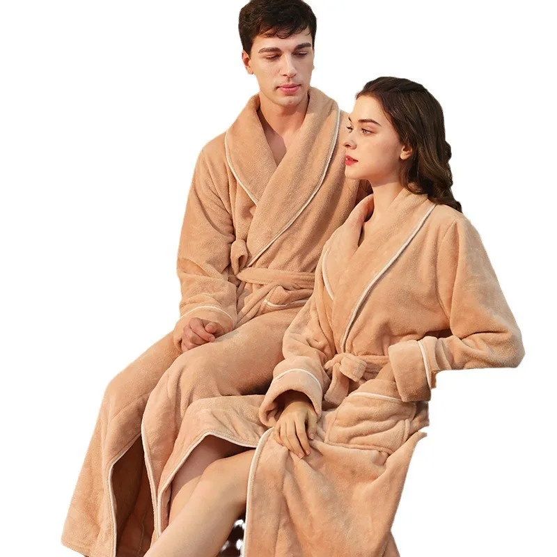 New Winter Autumn Robe Long Nightgown with Pocket Men Shower Robe Home Clothes Bathrobe Gown Warm Flannel Sleepwear Women