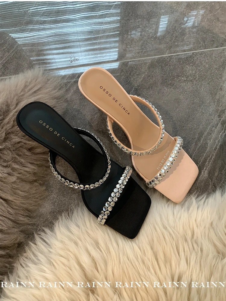 

2024 New Spring and Autumn Strapper Sandals Women's Summer Sexy Black High Heel Open Toe Stiletto Rhinestone Slippers