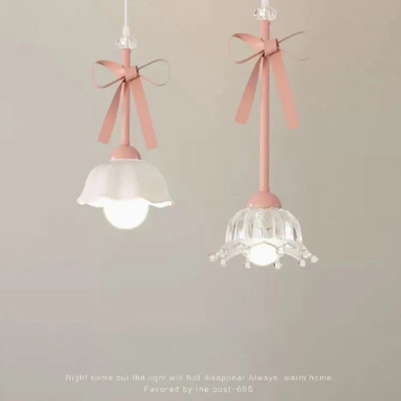 

Romatic Princess Room Girl LED Pendant Lamp For Bedroom Lighting Ceramic Glass Sconces Pink Bowknot Ceiling Suspended Light