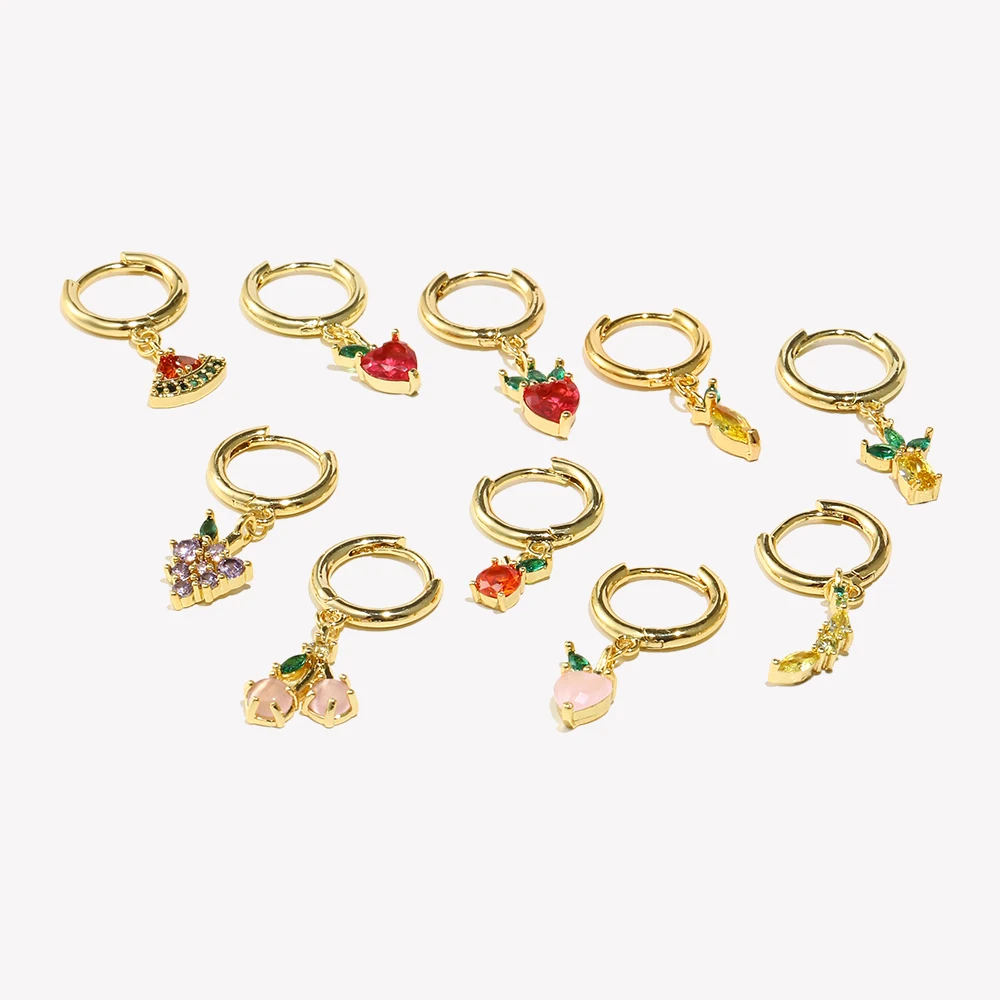 E.B.belle  Summer Hot Gold Color Filled CZ Fruit Grape Apple peach Cherry Charm Hoop Earrings Girl\'s Cute Small Hoop Earring