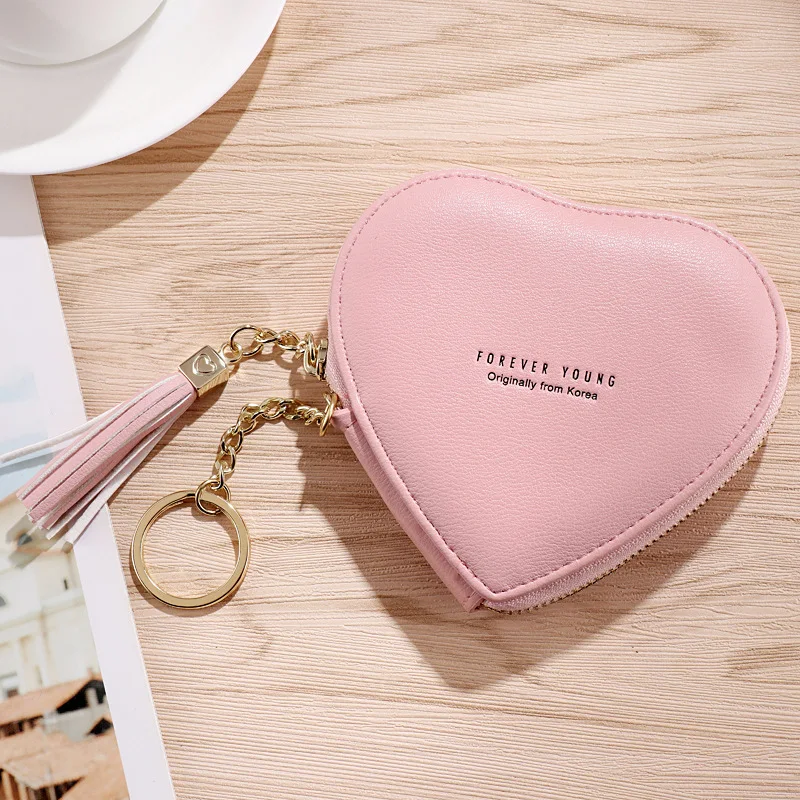 

Cute Heart-shaped Coin Purse Ladies Short Clutch Keychain Purse with Tassel Zipper Small Pouch Bag Women's Wallet