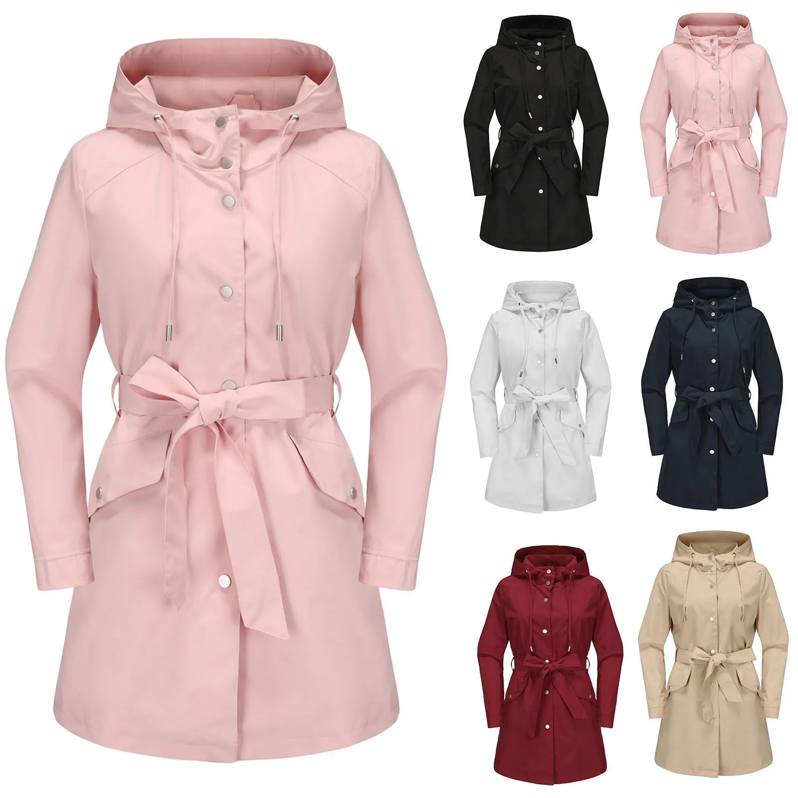 

2024 Autumn Winter New Trench Coats Solid Color Hooded Water-Repellent Jackets With Belt Thin Casual Loose Women Windbreaker