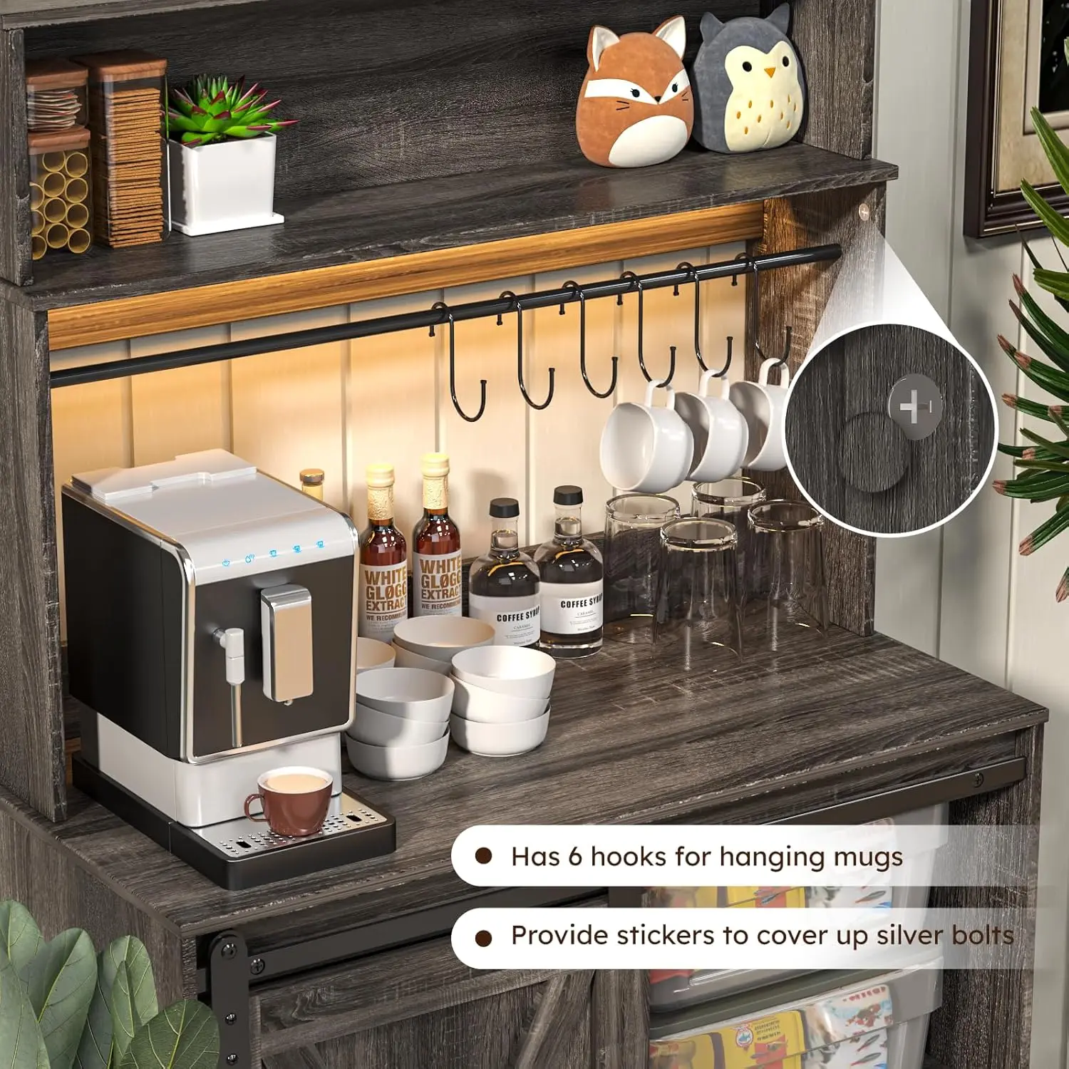 خزانة بار القهوة في المزرعة مع ضوء LED، رف خبازين مقاس 55 بوصة مع مساحة تخزين، وخزانة قهوة كبيرة مع 6 خطافات ومنزلق B
