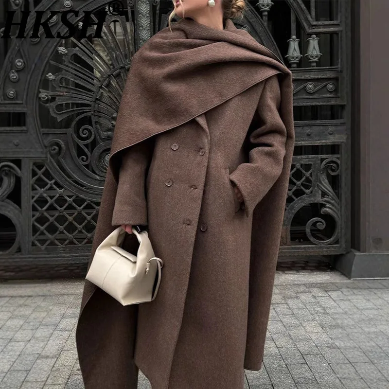 

HKSH Autumn Winter New Women Long Overcoat Scarf Collar Cape Double Breasted Solid Color Elegant Fashion Ins Windbreaker HK12945