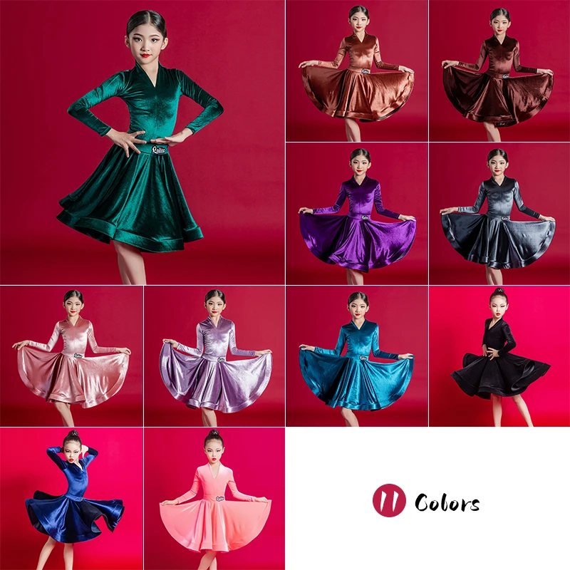 110-170cm Velvet Kids Latin Dance Costume Adult Professional Competition Girls Large Swing Dance Dress Latin Performance Wear