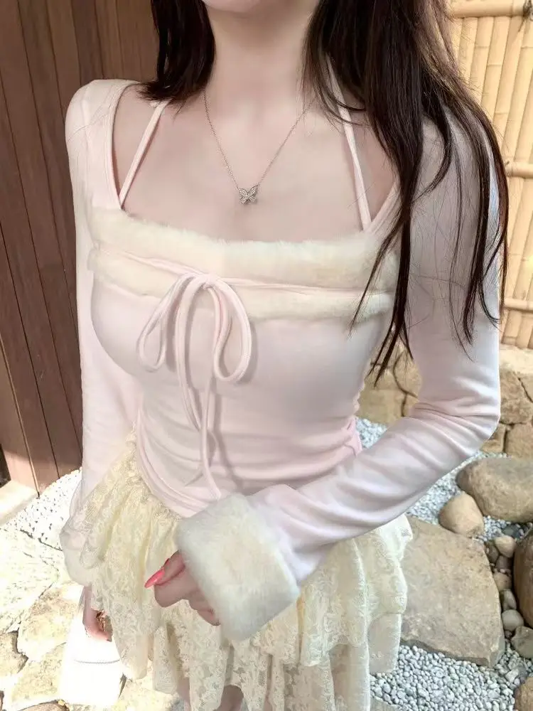 Sweet Sexy Pink Long Sleeve Top Women Fashion Lint Autumn Design Sweet Girl Aesthetic Tight Blouse Kawaii Warm Lovely T-shirts