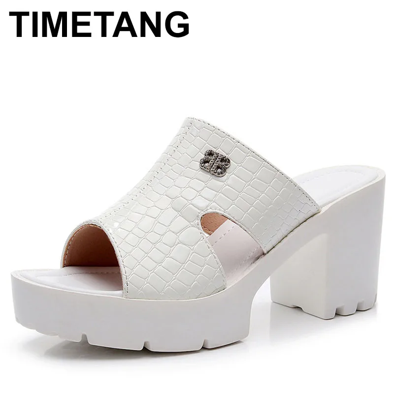 

Summer Patent Leather Heeled Slippers Ladies Shoes for Women Peep Toe Outside Women's Slipper Female Platform