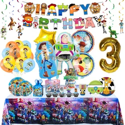 Disney Toy Story Backdrop para crianças, Buzz Lightyear, talheres descartáveis, balão grande, suprimentos para eventos, decoração de aniversário, Woody