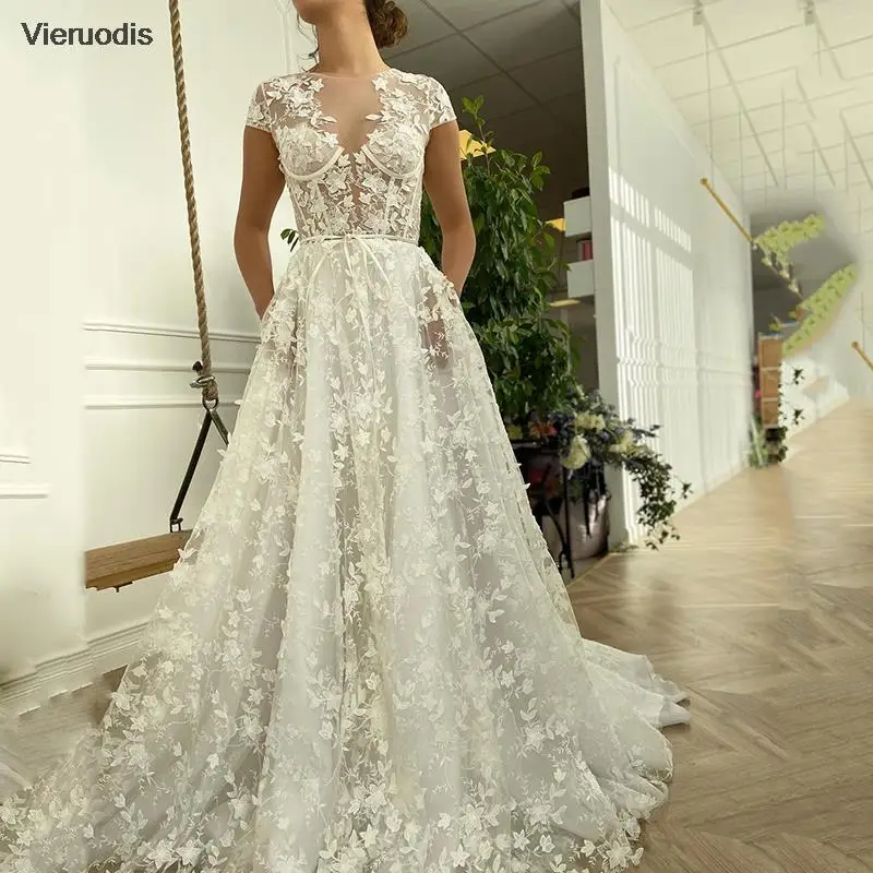 

A-Line Ivory Prom Dress with Pockets Scoop Neckline Short Sleeves Lace Evening Party Gowns Celebrate Dress Custom Made