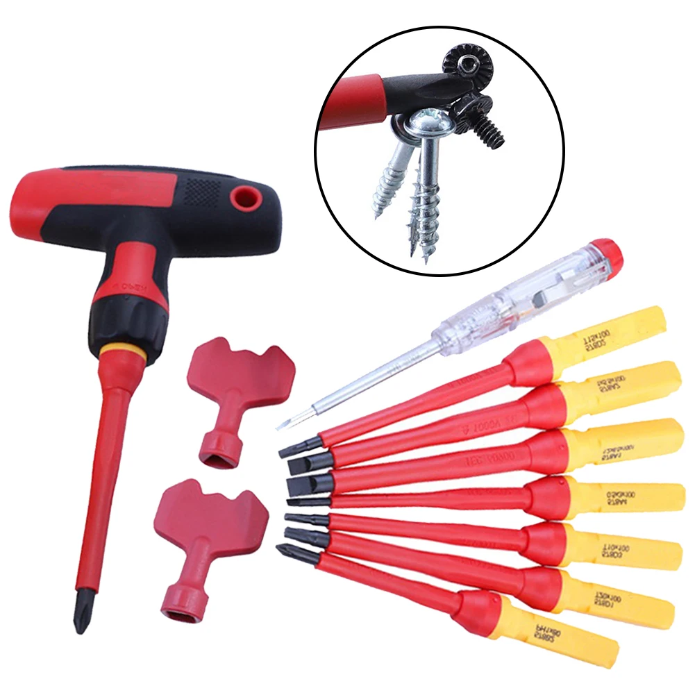 

12Pcs T-Shaped Insulated Screwdriver With Box Electrician Repair Tools Kit With 110V-250V Tester Pen Magnetic Cross Screwdriver