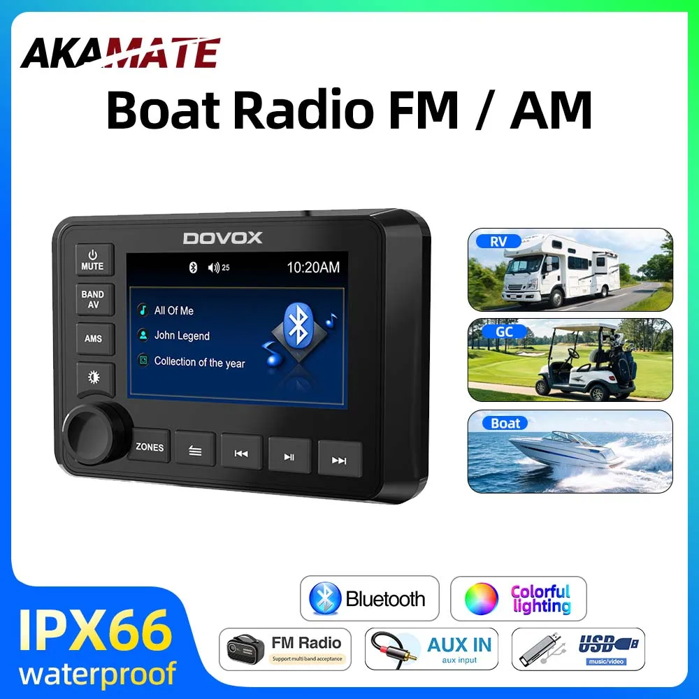 MP5 Marine Radio for RV UTV ATV SPA RZR Boat Radio Media Player Stereo Waterproof Bluetooth AUX USB Audio FM AM Receiver 4.1inch