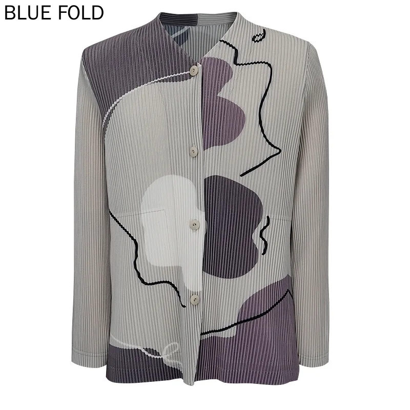 Miyake Printed Long-sleeved Jacket for Men, Pleated Tops, Loose, New, Spring and Autumn