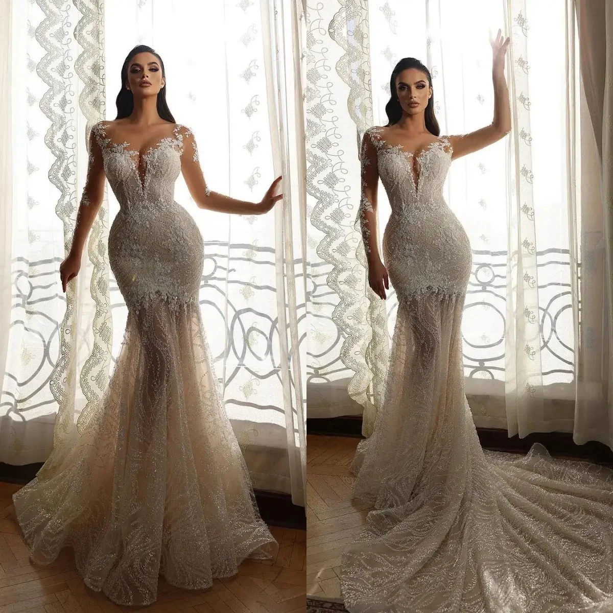 

Exquisite Mermaid Wedding Dress Appliques Sequins V Neck Long Sleeve Bride Gowns Sweep Train Tulle Bridal Dresses Custom Made