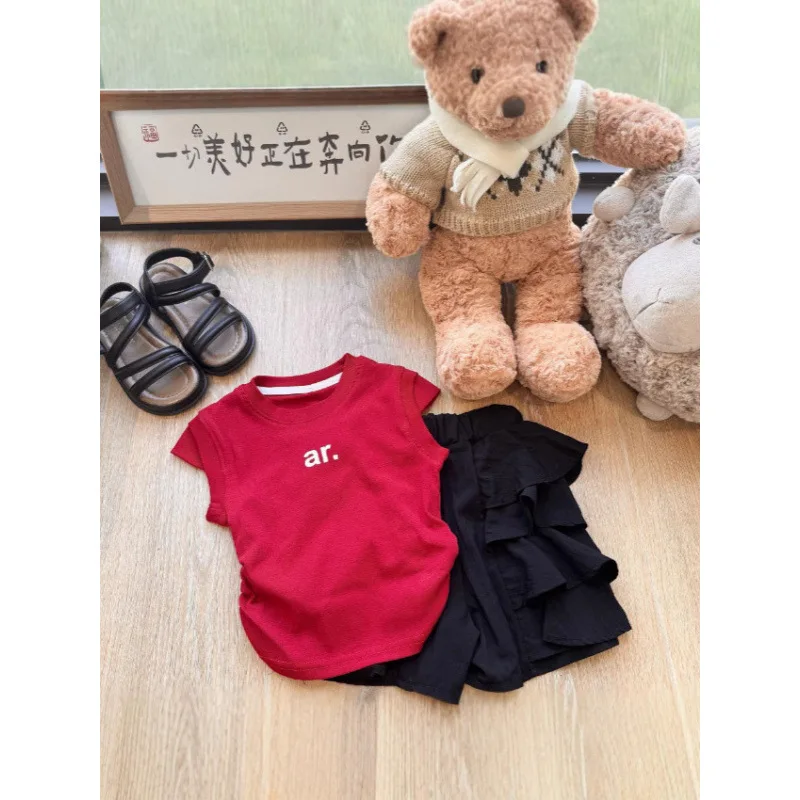 

Children's Outfit Skirt New Summer Korean Style Girls' Cake Pants Skirt Slimming Casual Pleated Top Two-Piece Set