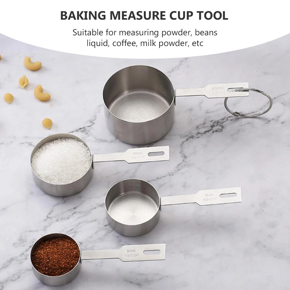 

4Pcs Graduated Measuring Cups Set Kitchen Stainless Steel Baking Measure Tool for Powder Beans Coffee Milk Safe Multi Use Scale