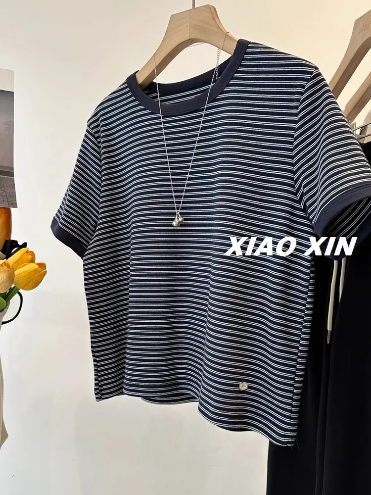 

Модная женская футболка с металлическими полосками, большие размеры, весна-лето, новинка, стильный хлопковый топ