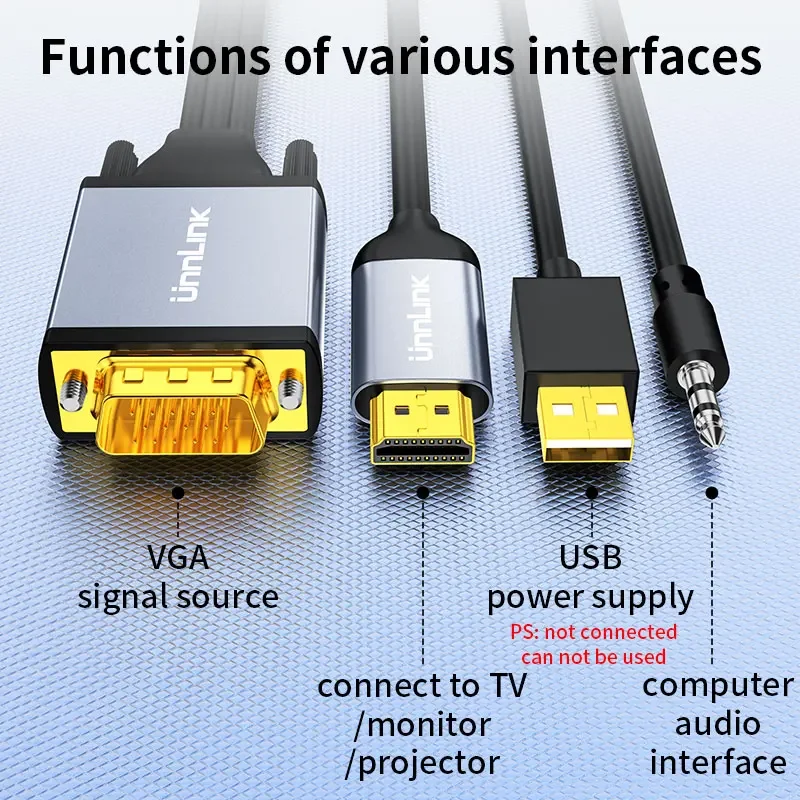 Kabel Unnlink VGA do HDMI konwerter z męskiego na męskie z kartą grafika komputerowa Audio 1080P do monitora projektor telewizyjny