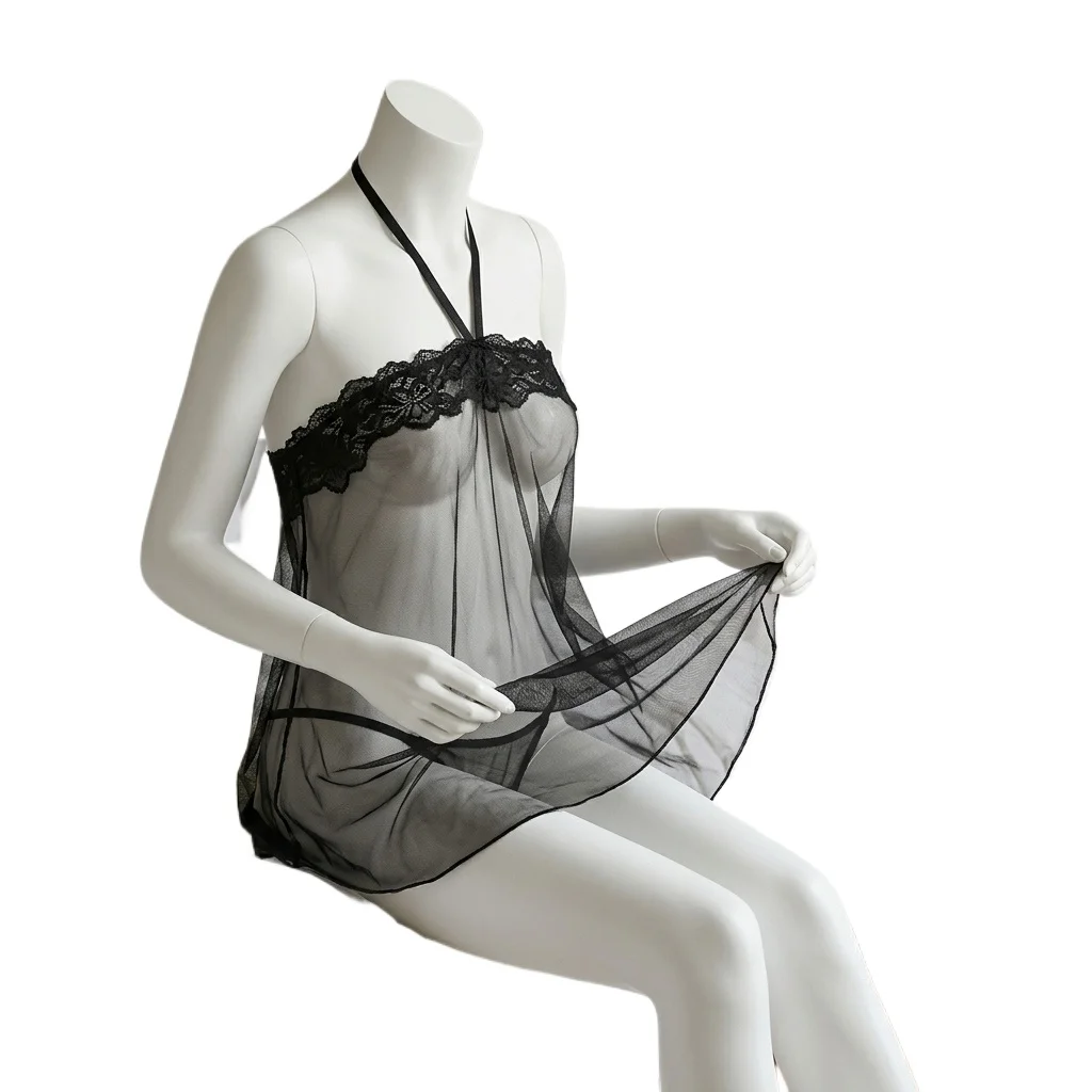 Lingerie Woman Halter Mesh Nightdress Thongs Suit Transparent See-Through Sleepwear Apron Hot Exotic Perspective Intimates