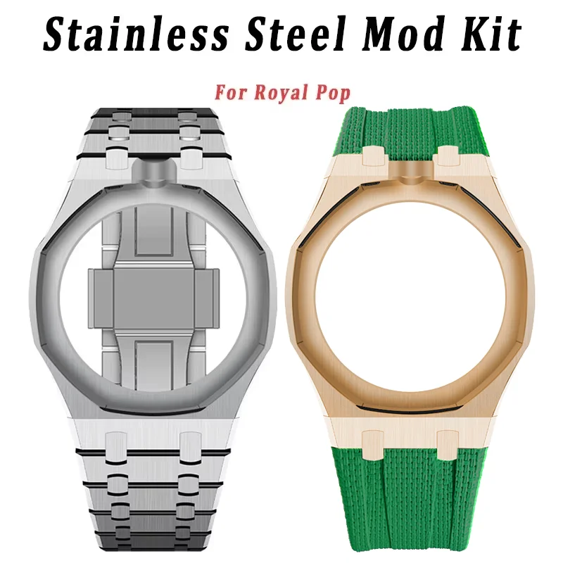 Luxuriöses Edelstahl-Modifikationsset, Taschenuhr-Umbau zu Armbanduhr, Metallgehäuse, Silikonarmband für Royal Pop