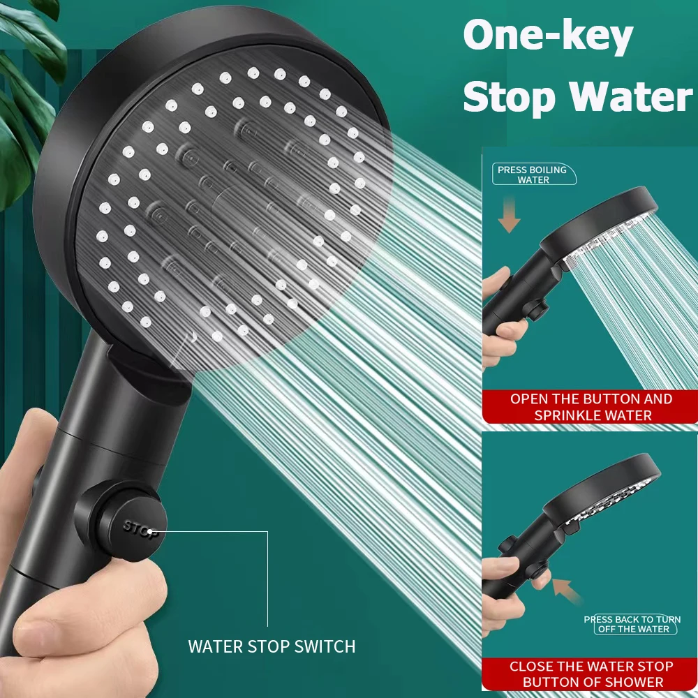 Cabeça de chuveiro pressurizada preta, alta pressão, economia de água, com mangueira e suporte, 6 modos de filtro, chuveiro ecológico, acessórios de