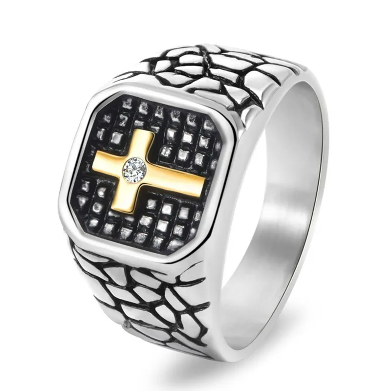 Trendy Cool Cross Titanium Rings for Men Irregular Pattern Carving Diamond Inlaid Masculine Stainless Steel Finger Bands Jewelry