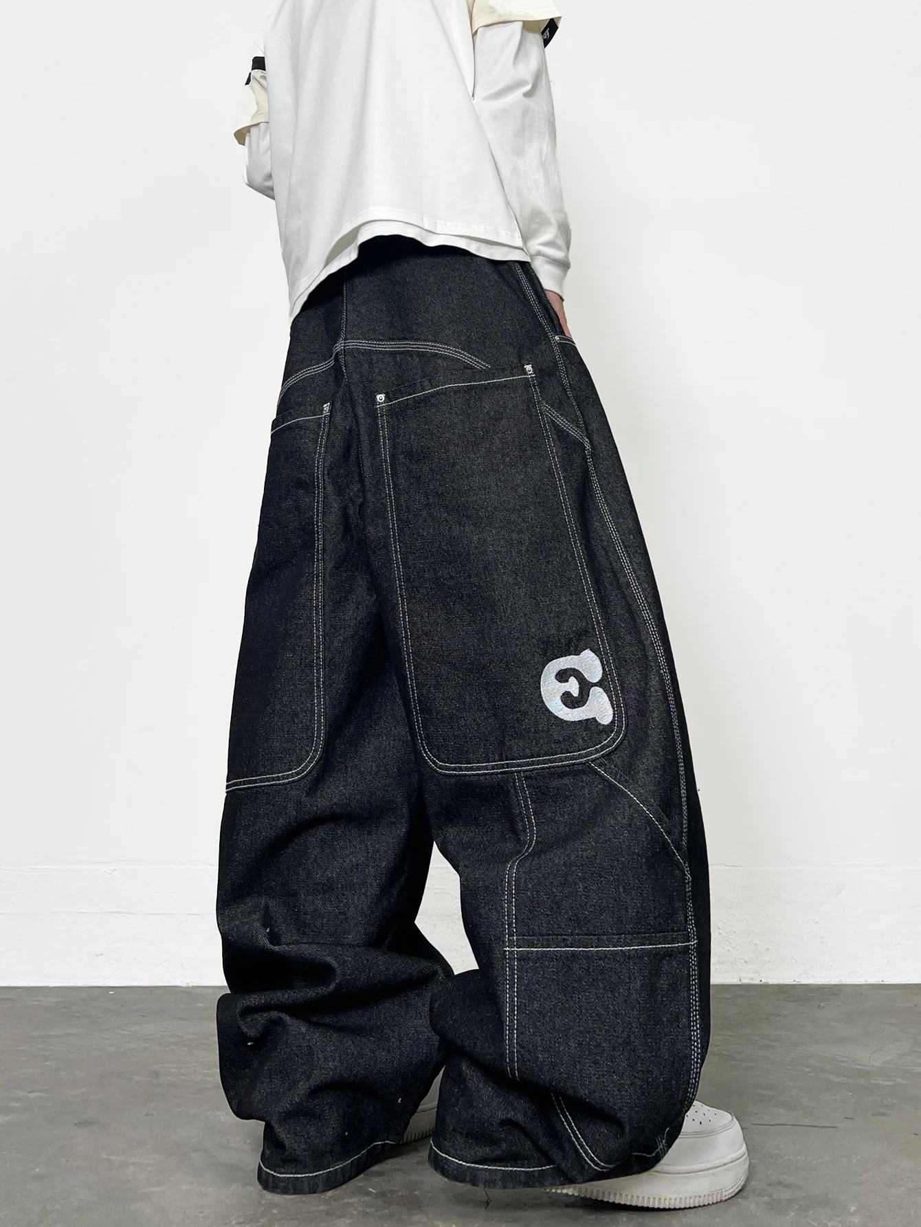 Men's Jeans Vintage Black Baggy Wide Jorts, Trendy Y2K Streetwear Men's Denim Pants, Men's Drop-Crotch Pants, All Seasons