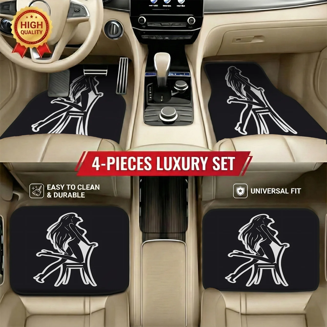 Set Of 4 Car Mats Featuring Woman Silhouette Design, Perfect For Hatchbacks Estate Cars, Easy Care & Maintenance, Stylish Interi
