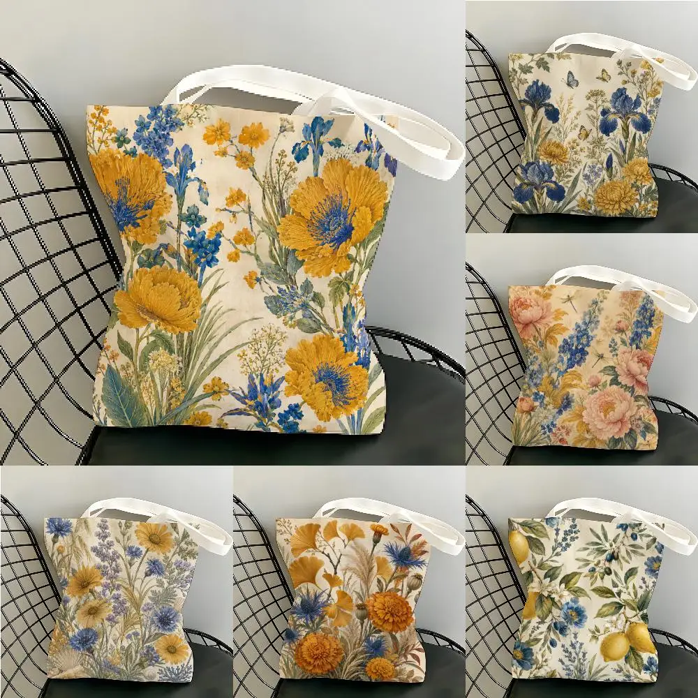 

Golden Floral Bamboo Storage Bags Double-Sided Canvas Tote Bag, Eco-Friendly Reusable Large Capacity Shopping Handbag