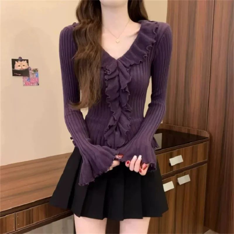 

2026 Autumn Winter Korean Women's Knitting Pullover Sweater Fashion V-neck Ladies Sweater Knitwear Long Sleeve Tops