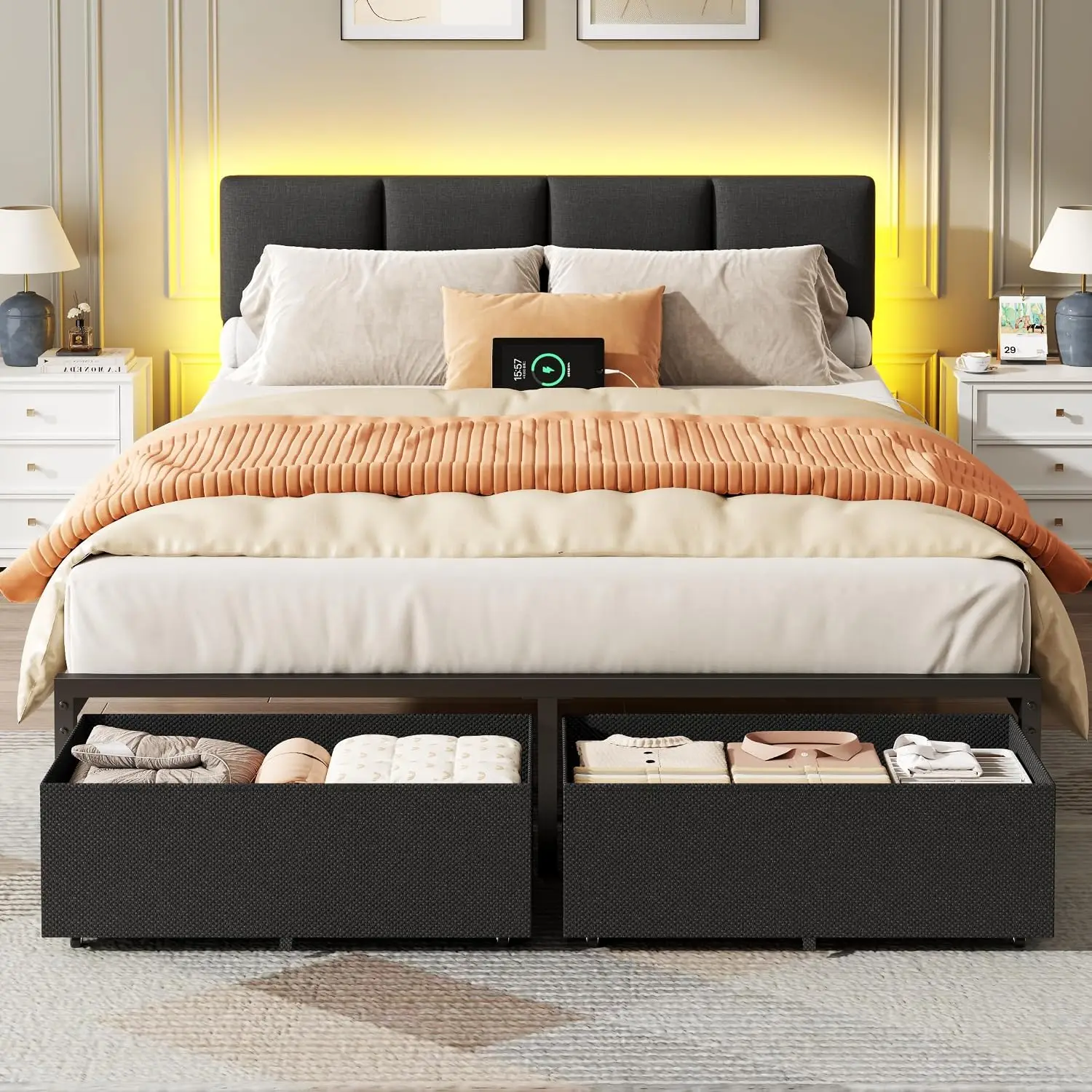 Queen Upholstered Bed with Storage Drawers & Charging Station, LED, Metal Frame, Easy Assembly, No Box Spring, Customized