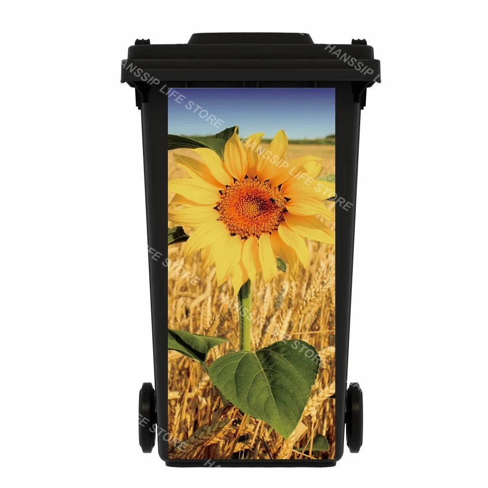 Natural Landscape Flowers Trash Can Poster Waterproof Marine Life Fish Mural Outdoor Wheeled Garbage Bin Sticker Decals