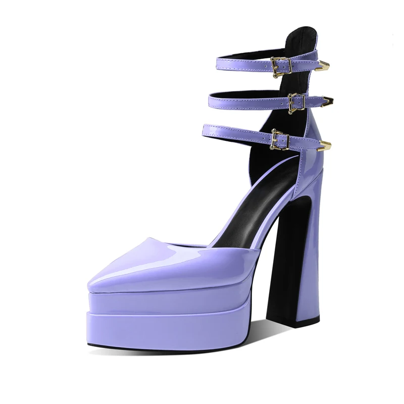 

Runway Mary Jane Three Straps Buckle doulble Platform Pumps Woman Patent Leather Chunky HeelPointed Toe High Heels Shoes