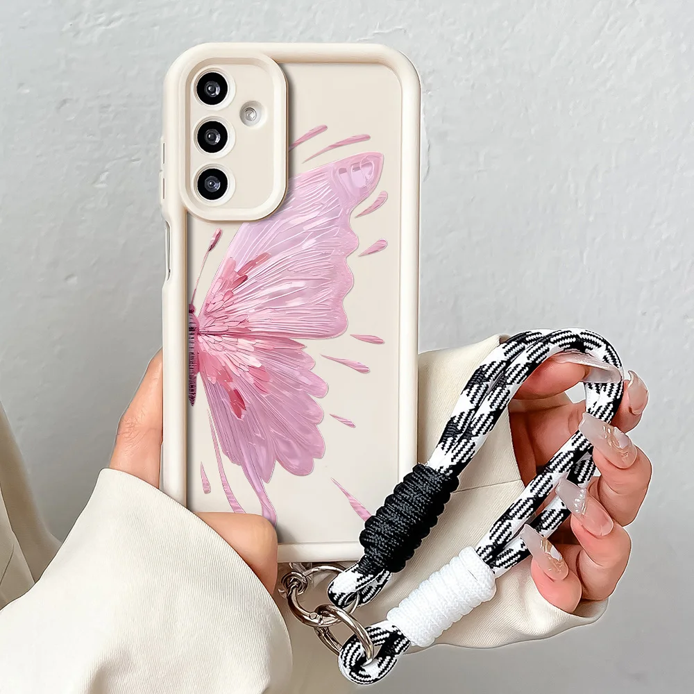 Wrist Chain Lanyard Phone Case for Samsung S24 S23 S22 S21 Plus Ultra S20 FE A50 A05 A10 11 03 04 30 20 Pink Butterfly Cover