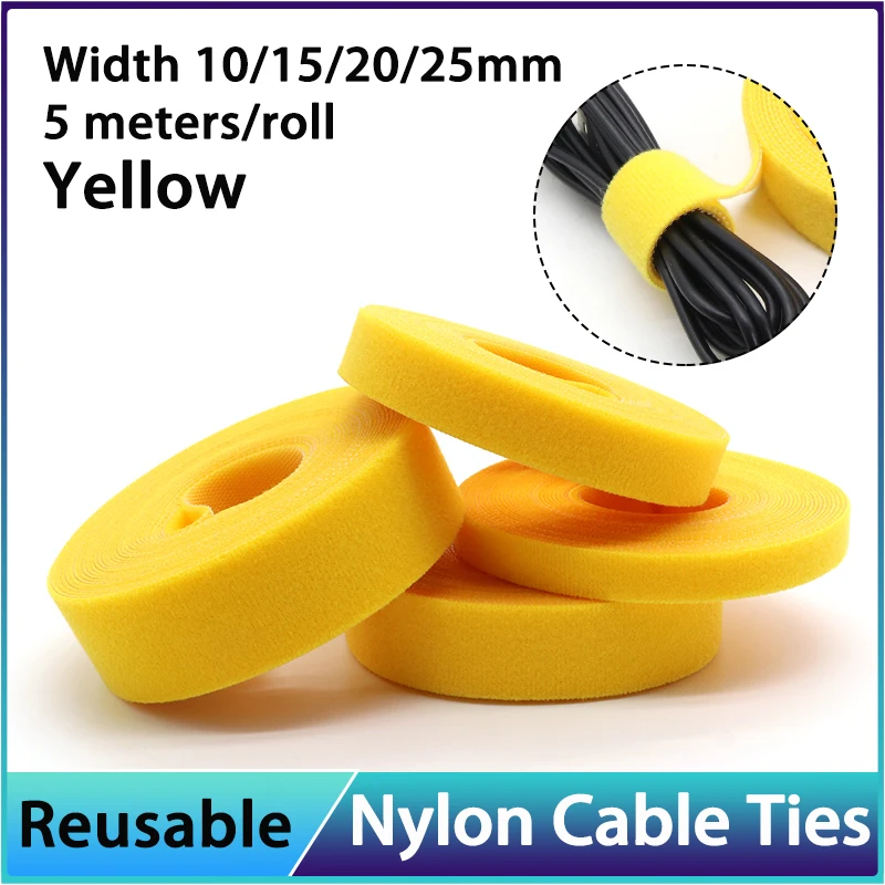 1~20R Yellow 10/15/20/25mm Cable Organizer USB Cable Winder Management Nylon Free Cut Ties 5M/Roll Mouse earphone Hook Loop Tape