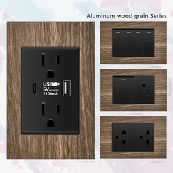 American Aluminum Wood Wall Switch Socket Plug,US Mexico Standard Wood Grain Wall USb Type C Power Outlet Light Switch Panel