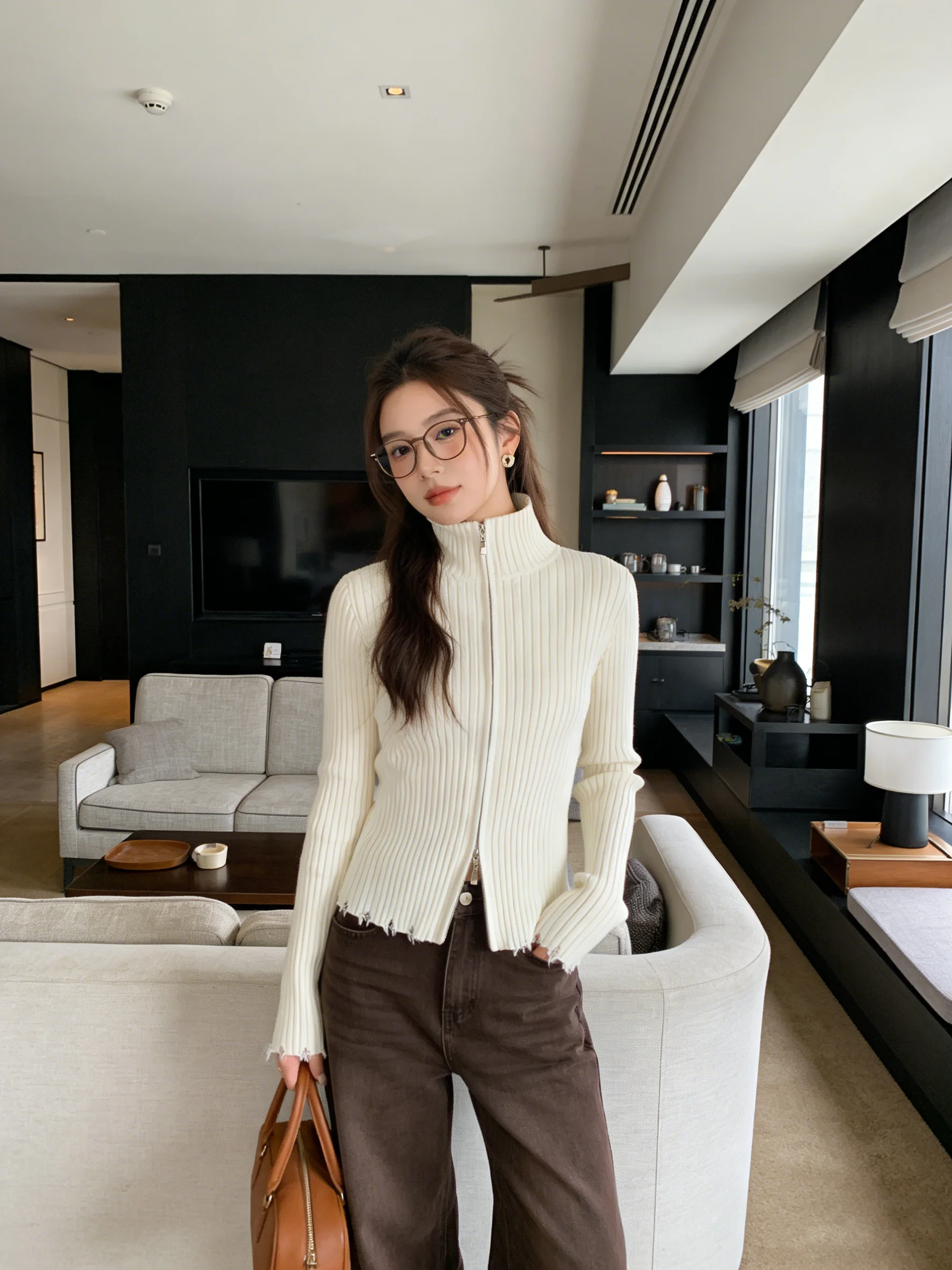 

Korean Style Women's Short Knitted Open Cardigan Spring 2026 Zipper Stand Collar Slim Fit Striped Sweater Jacket Breathable