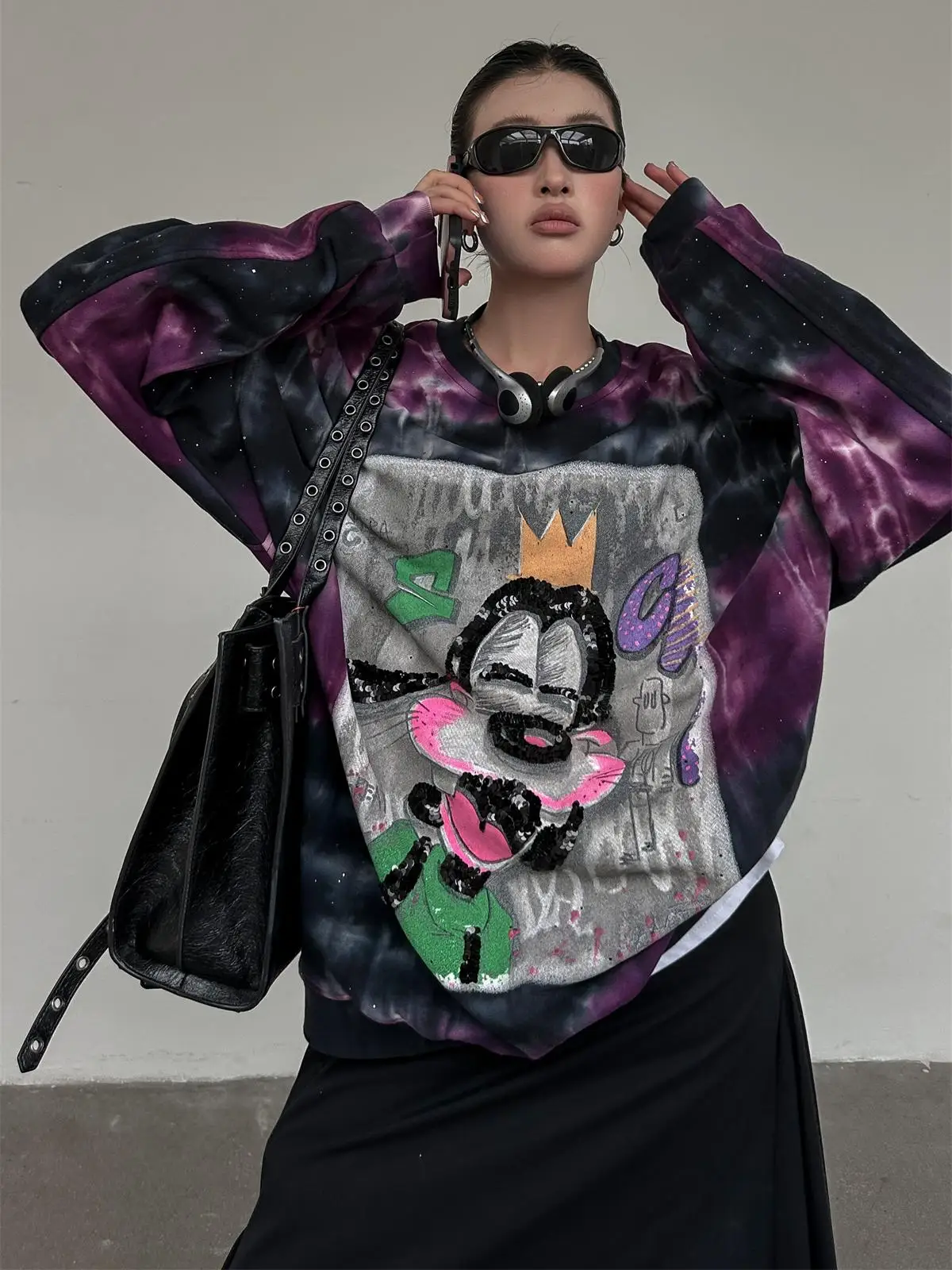 Tie-Dye Gradient Cartoon Sweatshirt for Women 2025 Autumn High-End Trendy Cool Pure Cotton Long Sleeve Top Round Neck Sweatshirt
