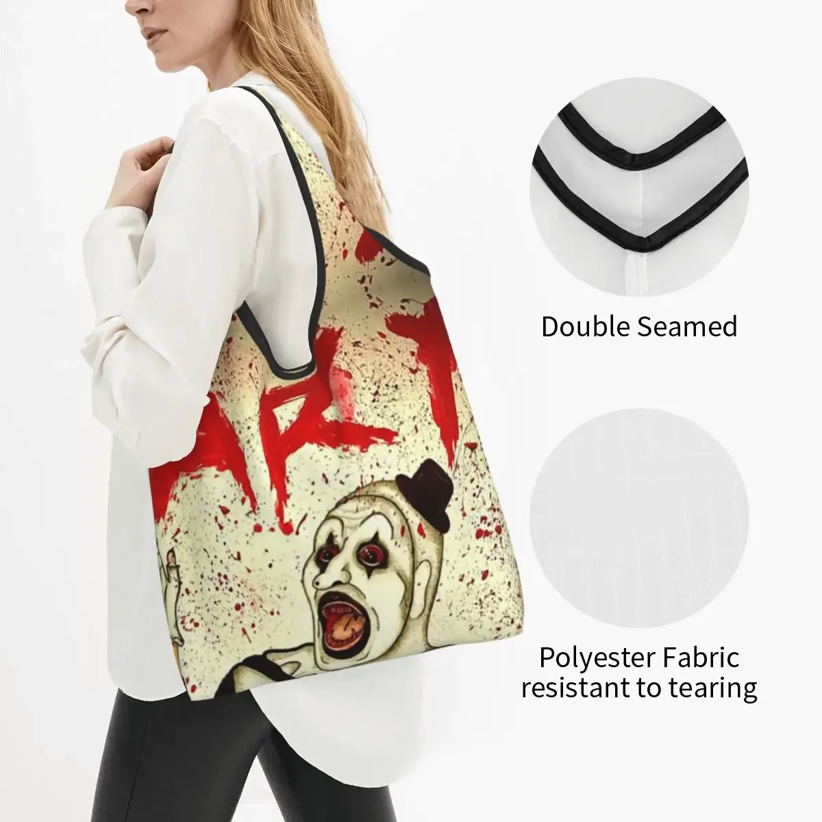 Terrifier Art The Clown Portable Tote Shopping Bags Foldable Shopper Bag Grocery Handbag Shoulder Bag