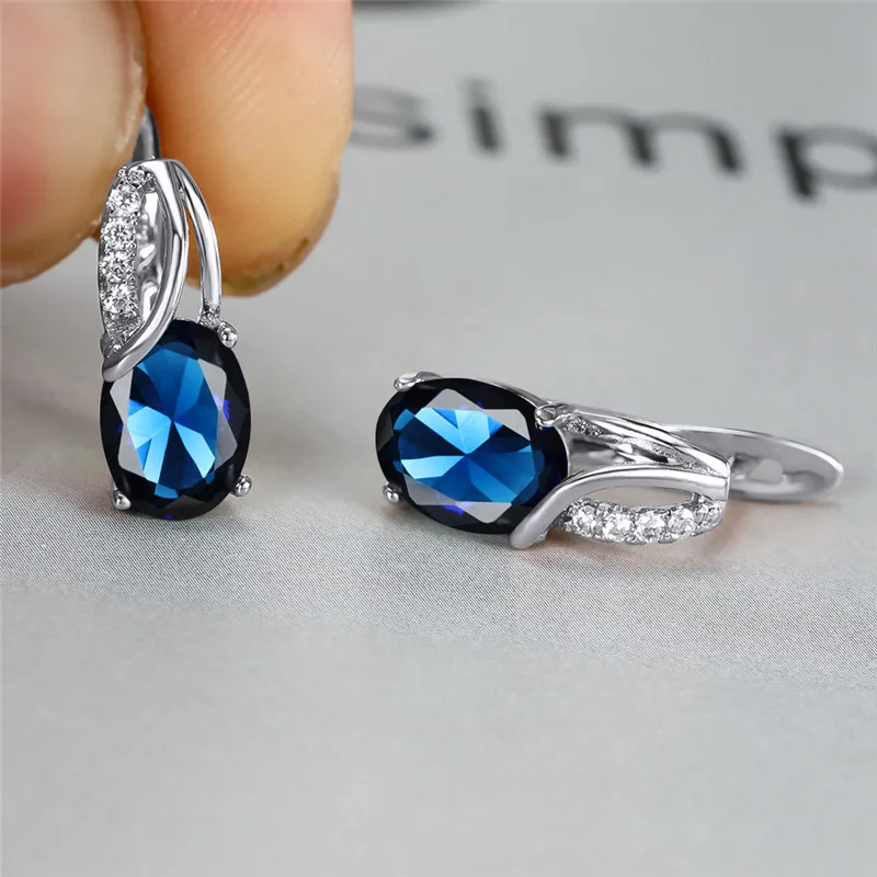 Women's Aqua Blue Zircon Oval Stone Hoop Earrings, Boho Style
