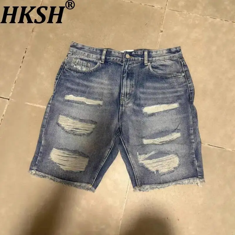 HKSH Summer New Men's Tide Chic Ins High Street Best-selling Washed Distressed Cat-Ear Ripped Denim Shorts Vintage Jeans HK24658