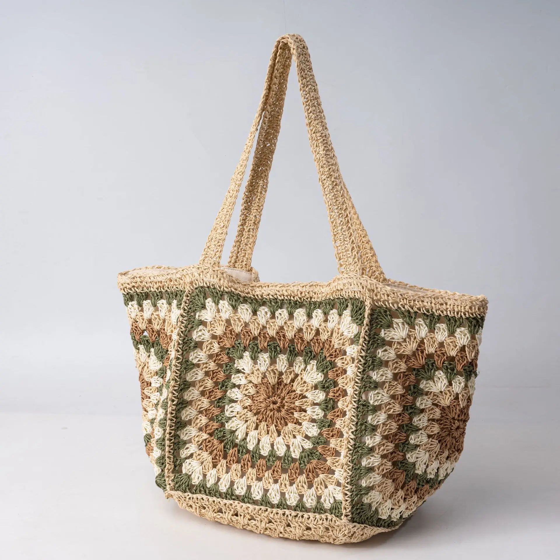 

2025 квадратная соломенная сумка на плечо в стиле бохо, этническая контрастная цветная вязаная крючком женская сумка-тоут, летняя пляжная сумка для отдыха, сумка ручной работы
